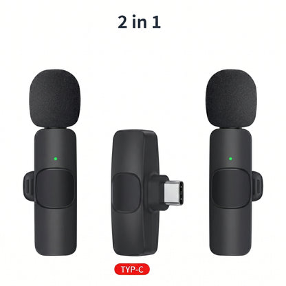 Three black wireless microphone components are displayed: two microphones with foam windscreens and a receiver with a Type-C connector. Text reads: 2 in 1, TYP-C.