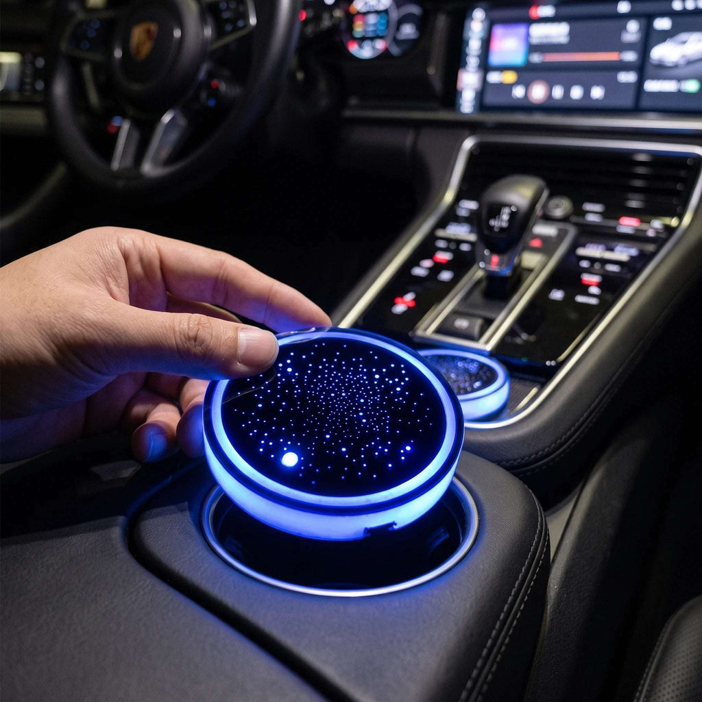 A hand placing a Zainzio Starry Sky LED car cup holder coaster into a vehicle console cup holder.
