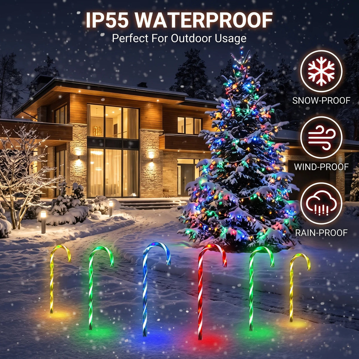 IP55 waterproof, snow-proof, and wind-proof Zainzio outdoor solar candy cane pathway lights shining brightly along a snowy winter walkway.