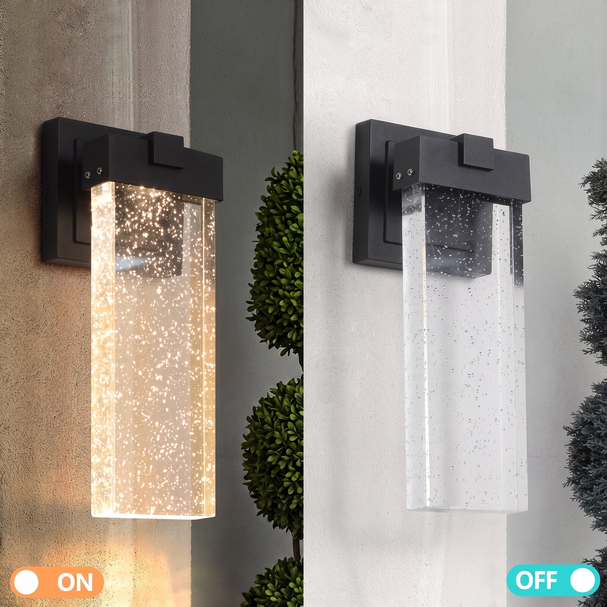 A dual-state outdoor wall sconce shown side-by-side in ON and OFF positions. The left side shows the light illuminated with warm white fairy lights inside a clear rectangular glass shade mounted on a dark black metal bracket.