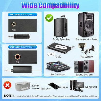 "Wide Compatibility" for Mic Inputs 3.5mm(1/8") & 6.35mm(1/4"). Works with Party Speaker, Karaoke Machine, Audio Mixer. Not with 3.5mm Wireless Speaker, Phone, Computer.