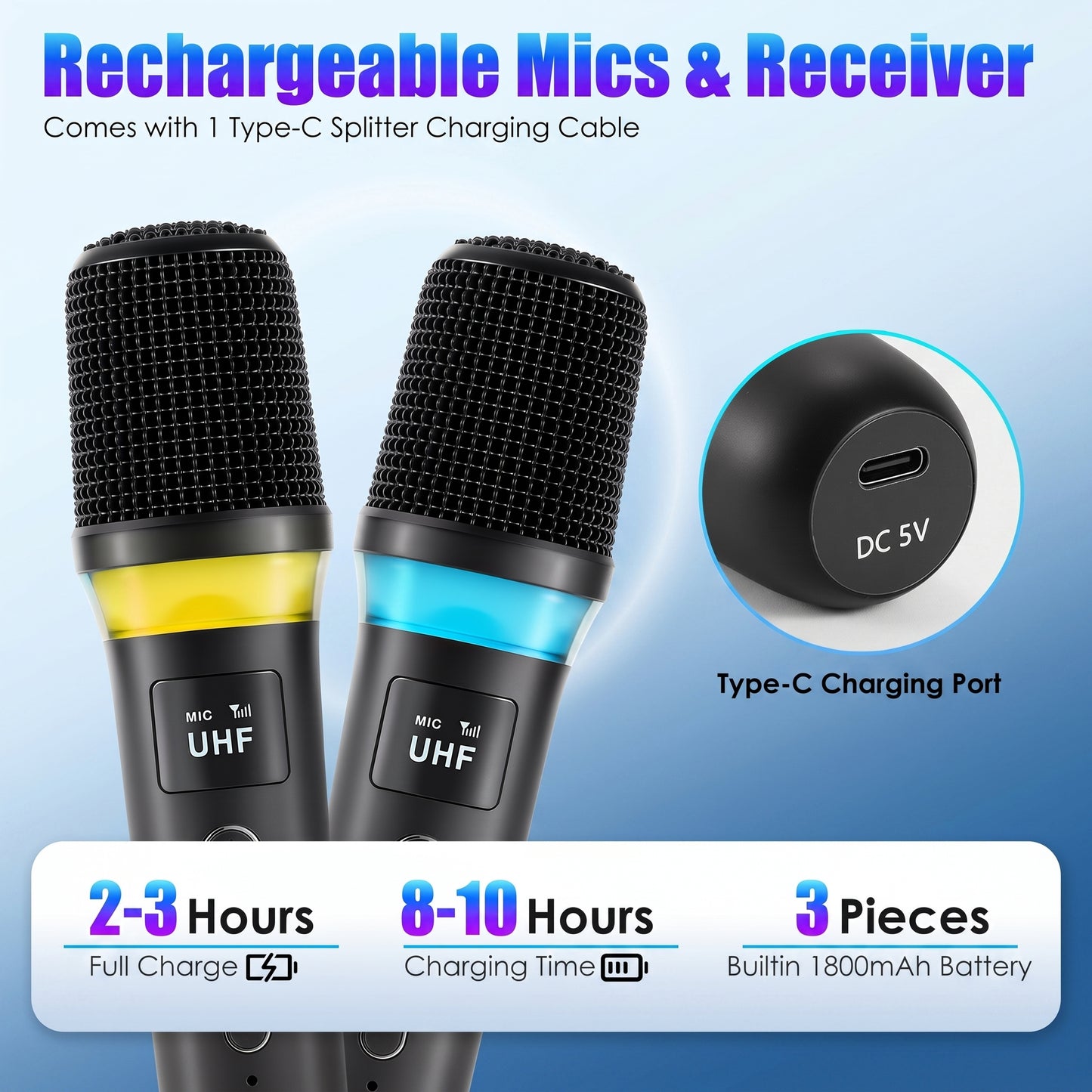 two wireless microphones and a Type-C charging port. '2-3 Hours Full Charge', '8-10 Hours Charging Time', '3 Pieces Builtin 1800mAh Battery'.