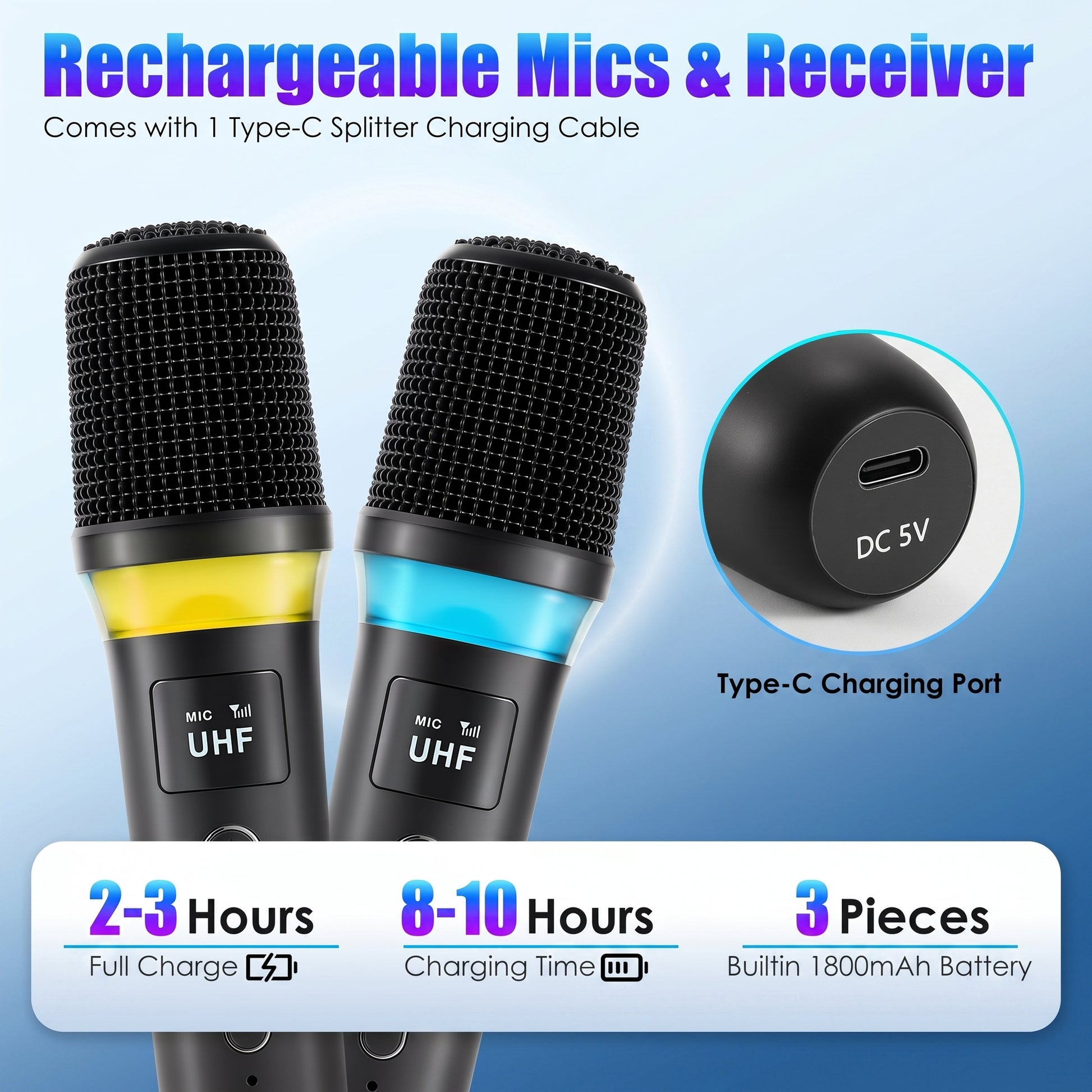 two wireless microphones and a Type-C charging port. '2-3 Hours Full Charge', '8-10 Hours Charging Time', '3 Pieces Builtin 1800mAh Battery'.