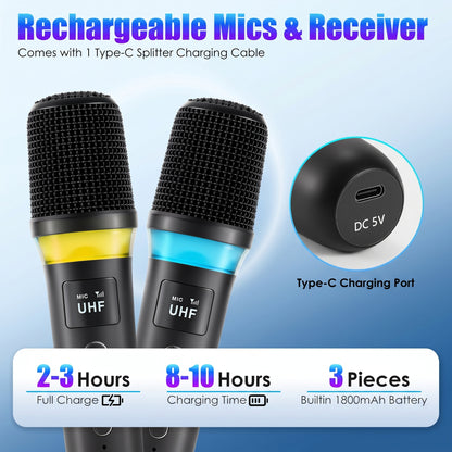 two wireless microphones and a Type-C charging port. '2-3 Hours Full Charge', '8-10 Hours Charging Time', '3 Pieces Builtin 1800mAh Battery'.