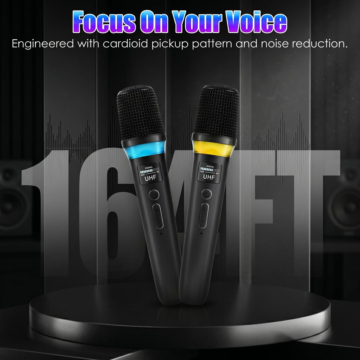 Two black wireless microphones with blue and yellow bands stand centrally. Text reads: "Focus On Your Voice. Engineered with cardioid pickup pattern and noise reduction.