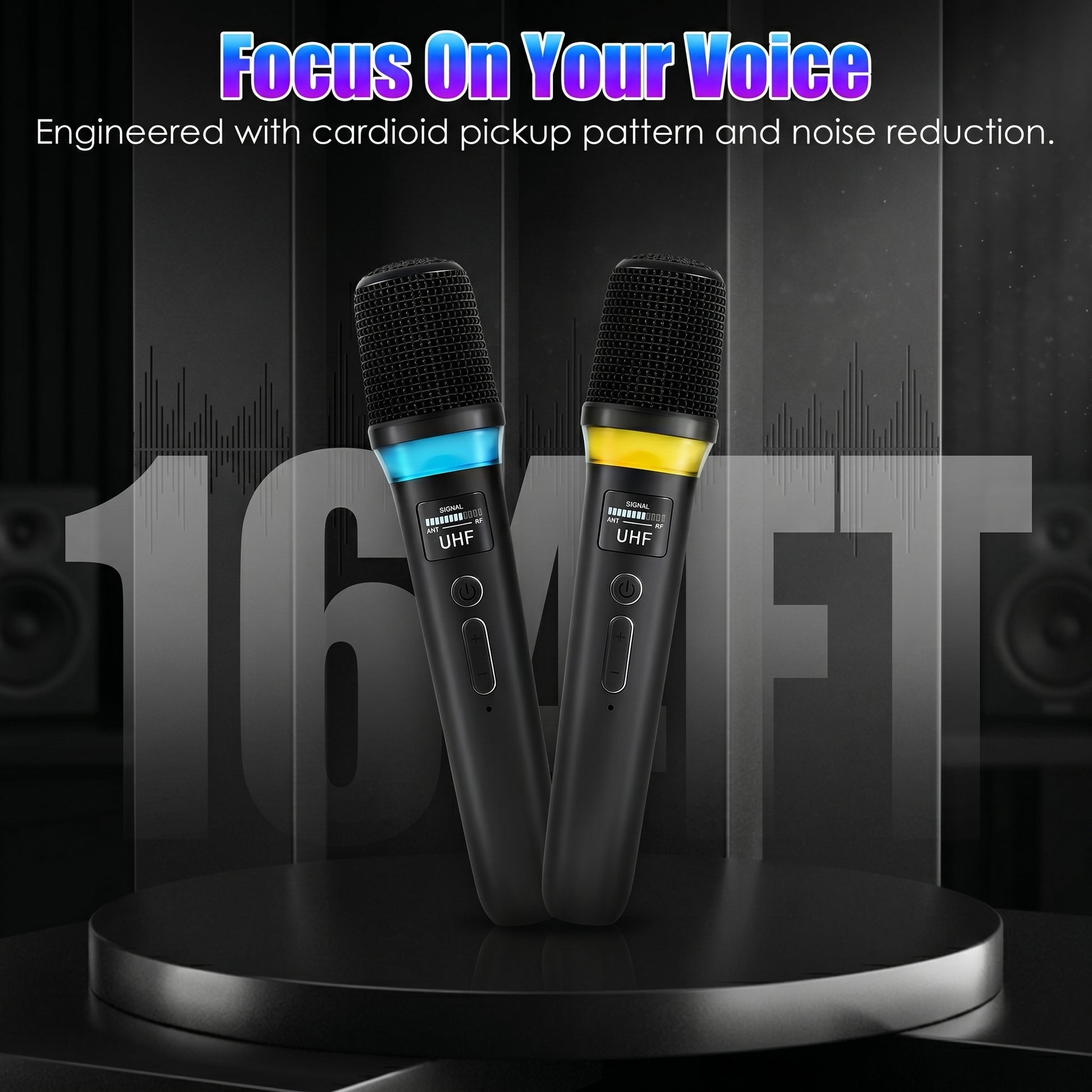 Two black wireless microphones with blue and yellow bands stand centrally. Text reads: "Focus On Your Voice. Engineered with cardioid pickup pattern and noise reduction.