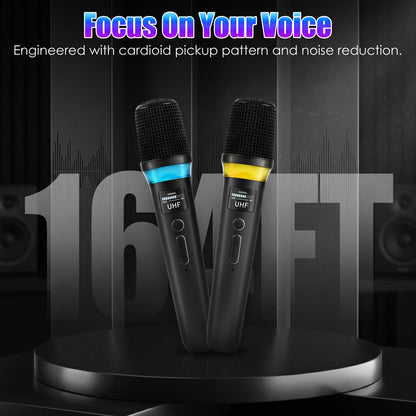 Two black wireless microphones with blue and yellow bands stand centrally. Text reads: "Focus On Your Voice. Engineered with cardioid pickup pattern and noise reduction.
