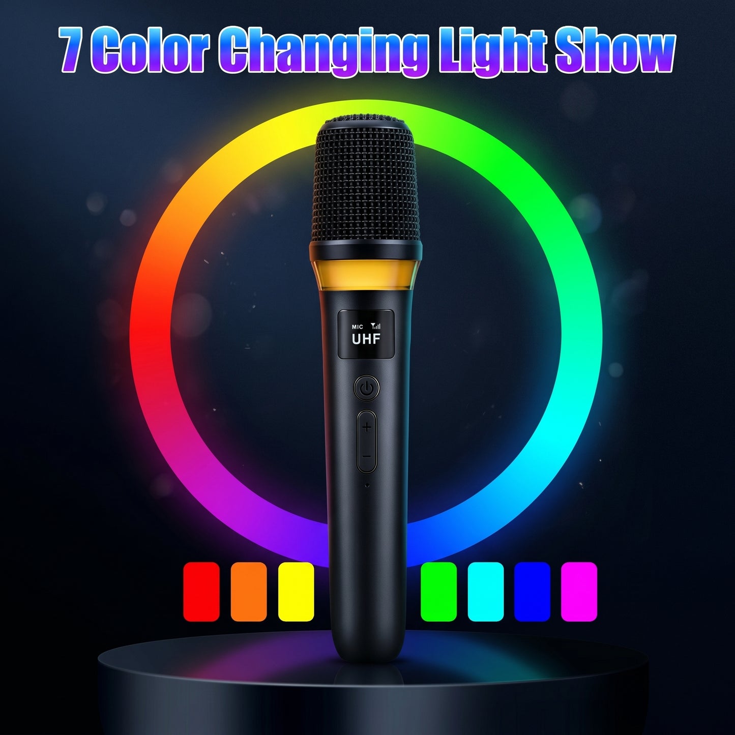 A black and gold wireless microphone stands against a vibrant rainbow light ring and colored swatches, showcasing a "7 Color Changing Light Show." The microphone displays "MIC T UHF."