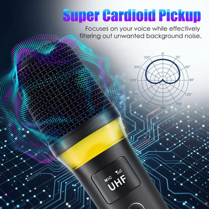 A black wireless microphone with a yellow light band and "MIC UHF" displayed. It highlights "Super Cardioid Pickup," focusing on your voice and filtering unwanted background noise.