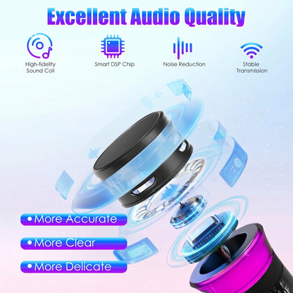 A graphic highlights the excellent audio quality of a wireless microphone, showing its internal components and features: Excellent Audio Quality, High-fidelity Sound Coil, Smart DSP Chip, Noise Reduction, Stable Transmission, More Accurate, More Clear, More Delicate.
