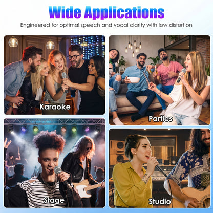 Wide Applications: Four scenes showcase people using microphones for karaoke, parties, stage performances, and studio recording. Engineered for optimal speech and vocal clarity with low distortion.