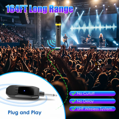 A wireless microphone system with its receiver, set against a vibrant concert scene. It features 164FT Long Range, UHF, No Cutoff, No Delay, UHF Wireless System, Plug and Play.