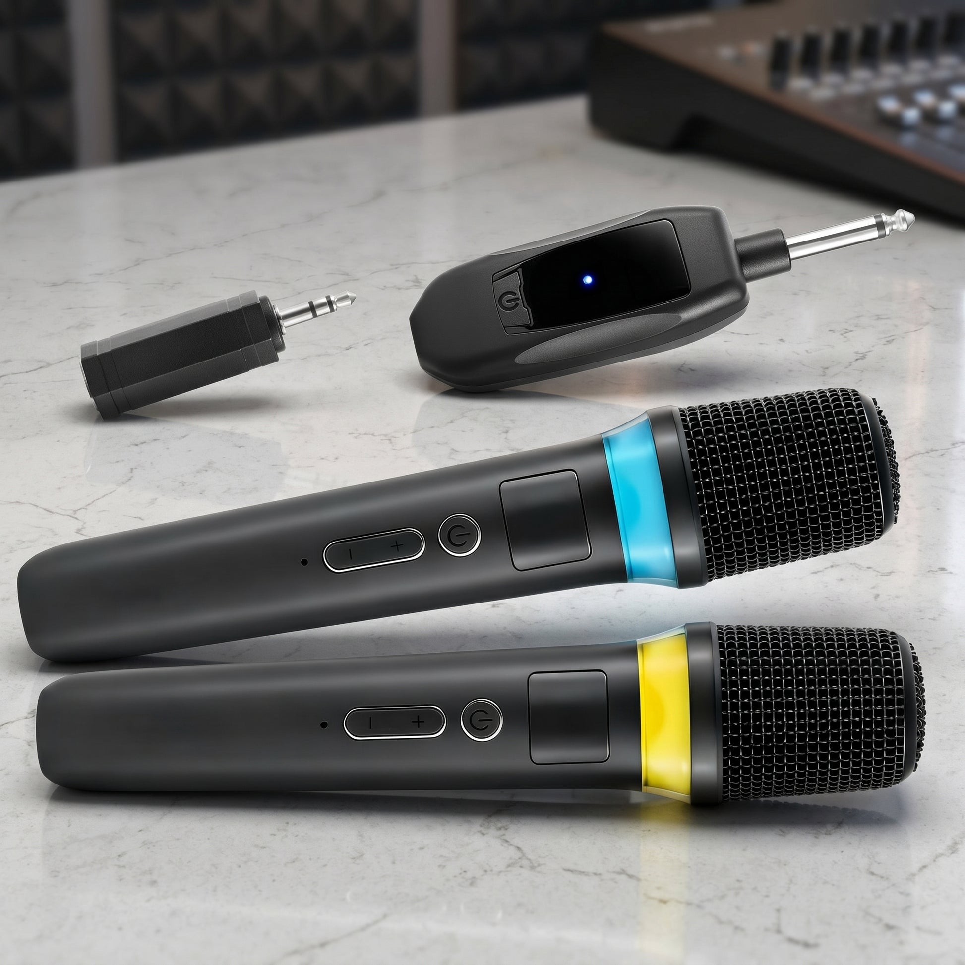 A Zainzio dual wireless microphone system is shown, including two black microphones with blue and yellow indicator bands, plus a receiver and adapters. They rest on a light-colored surface.