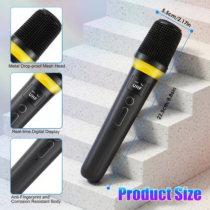 A black and yellow wireless microphone is displayed with feature callouts and dimensions. Details show a "Metal Drop-proof Mesh Head," "Real-time Digital Display," and "Anti-Fingerprint and Corrosion Resistant Body." Product size is 5.5cm/2.17in by 22.5cm/8.86in.