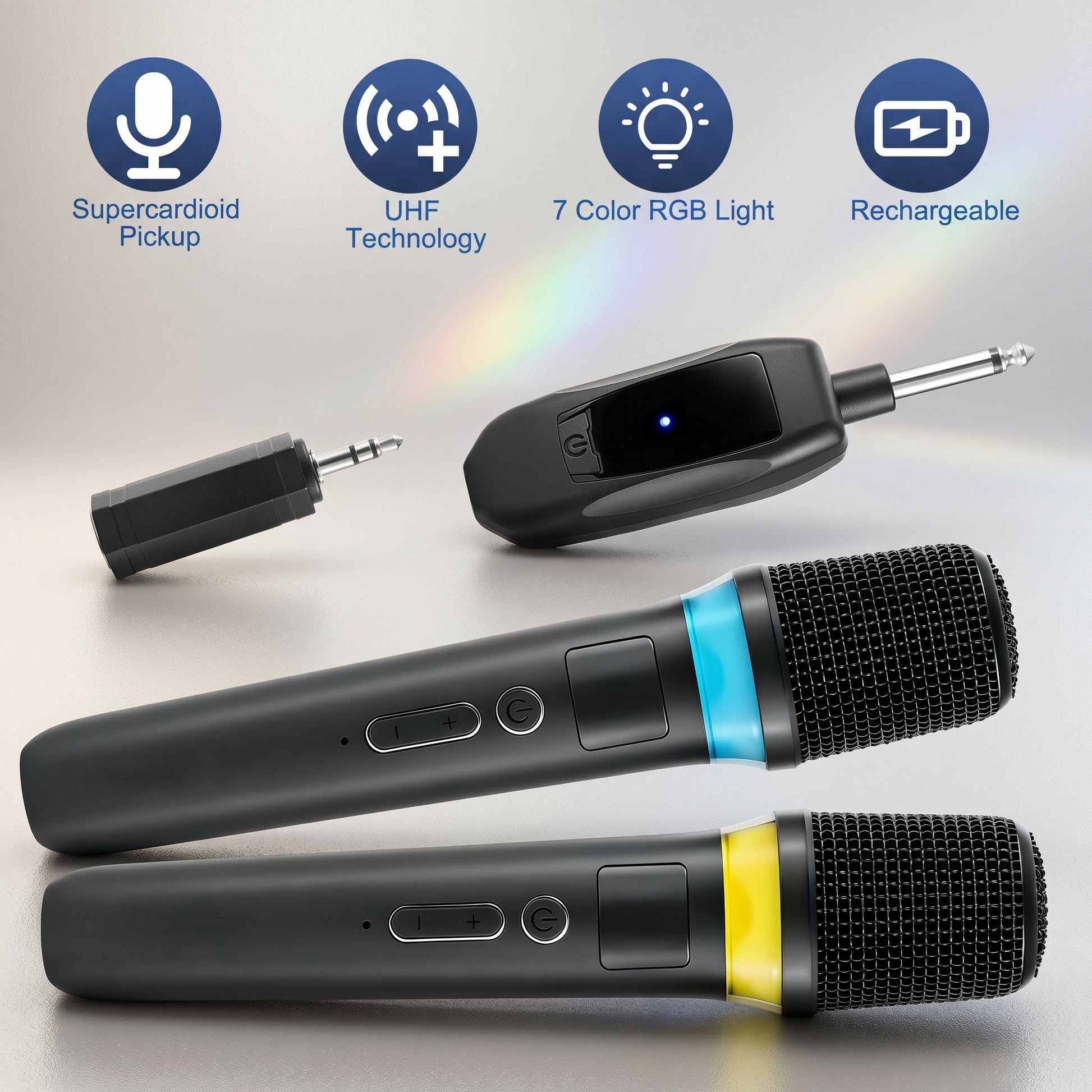 Two black wireless microphones with a receiver are displayed, highlighting features: Supercardioid Pickup, UHF Technology, 7 Color RGB Light, Rechargeable.