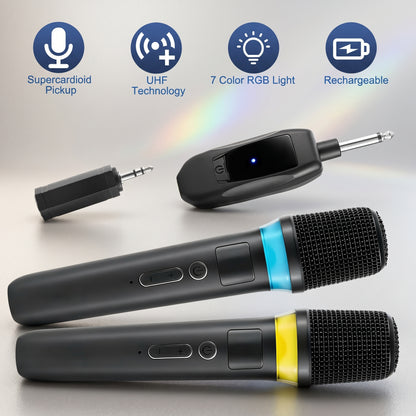 Two black wireless microphones with a receiver are displayed, highlighting features: Supercardioid Pickup, UHF Technology, 7 Color RGB Light, Rechargeable.