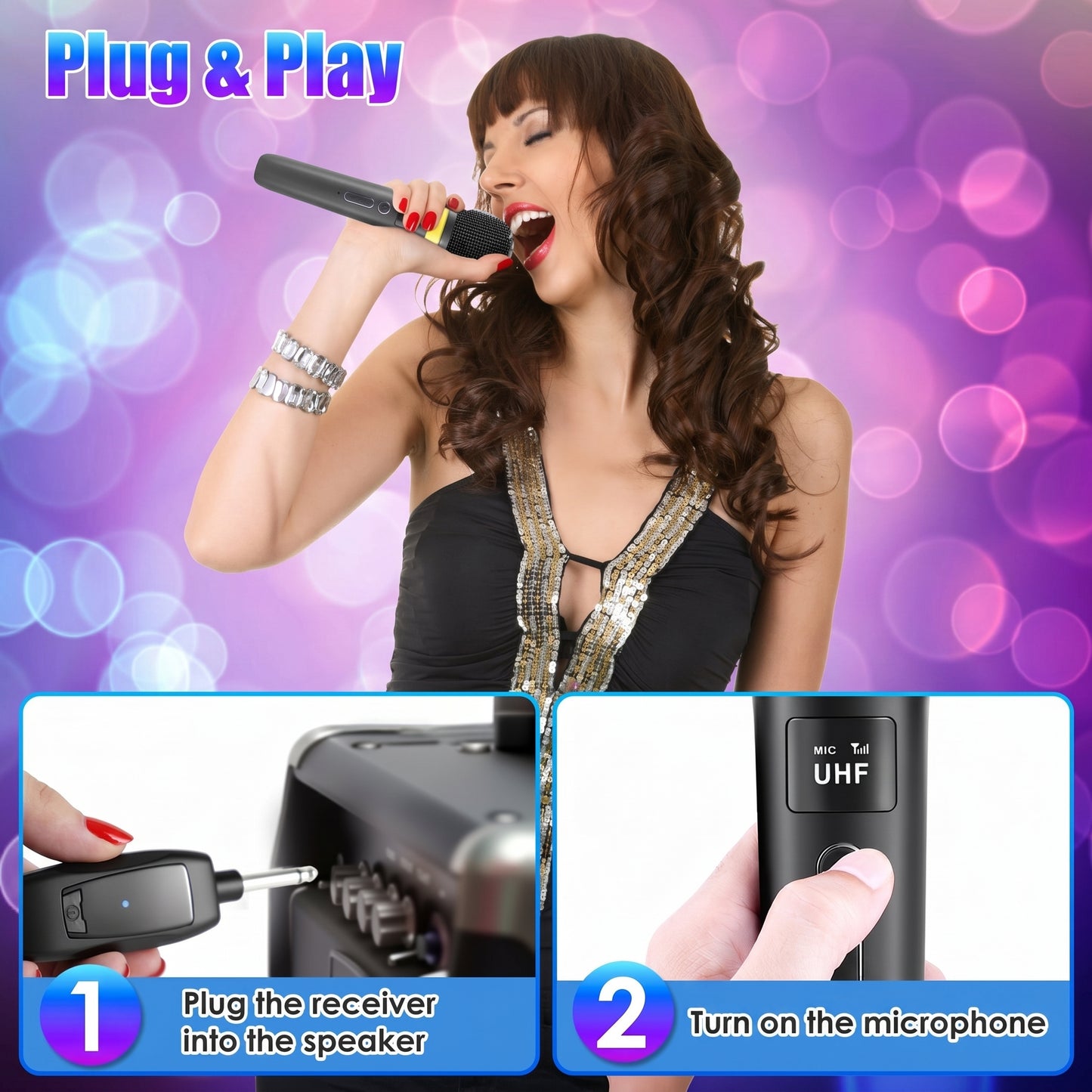 "Plug & Play" shows a woman singing into a wireless microphone, with instructional steps: "Plug the receiver into the speaker" and "Turn on the microphone.