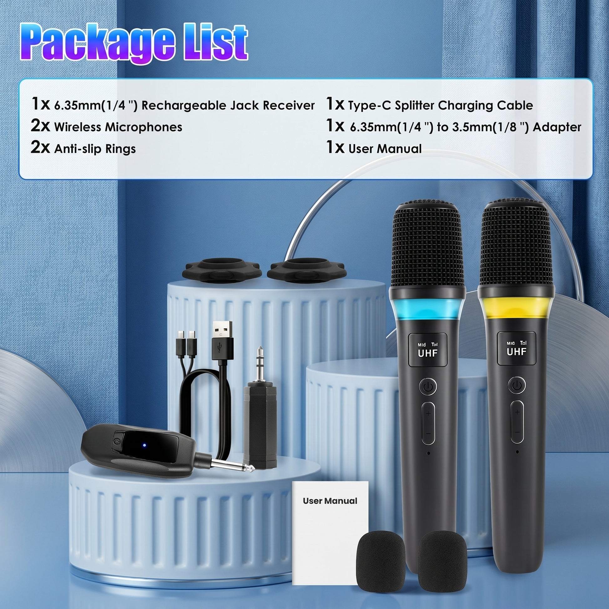 The Zainzio dual wireless microphone package contents on display. It includes two black microphones (blue and yellow accents), receiver, cables, adapter, anti-slip rings, and a user manual. Package List: 1x 6.35mm(1/4") Rechargeable Jack Receiver, 2x Wireless Microphones, 2x Anti-slip Rings, 1x Type-C Splitter Charging Cable, 1x 6.35mm(1/4") to 3.5mm(1/8") Adapter, 1x User Manual.