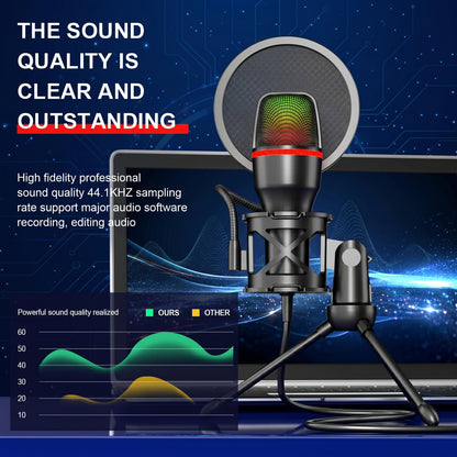 A black USB condenser microphone with an RGB light and pop filter stands on a desktop tripod in front of a laptop, against a digital background. It emphasizes clear, outstanding sound quality. THE SOUND QUALITY IS CLEAR AND OUTSTANDING. High fidelity professional sound quality 44.1KHZ sampling rate support major audio software recording, editing audio. Powerful sound quality realized. OURS. OTHER.