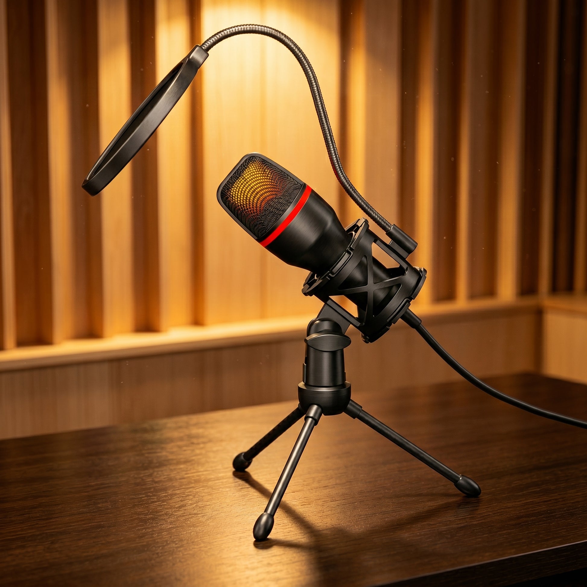 A black USB condenser microphone with a desktop tripod stand and attached pop filter. Its grille displays a vibrant RGB light effect and a red accent band.