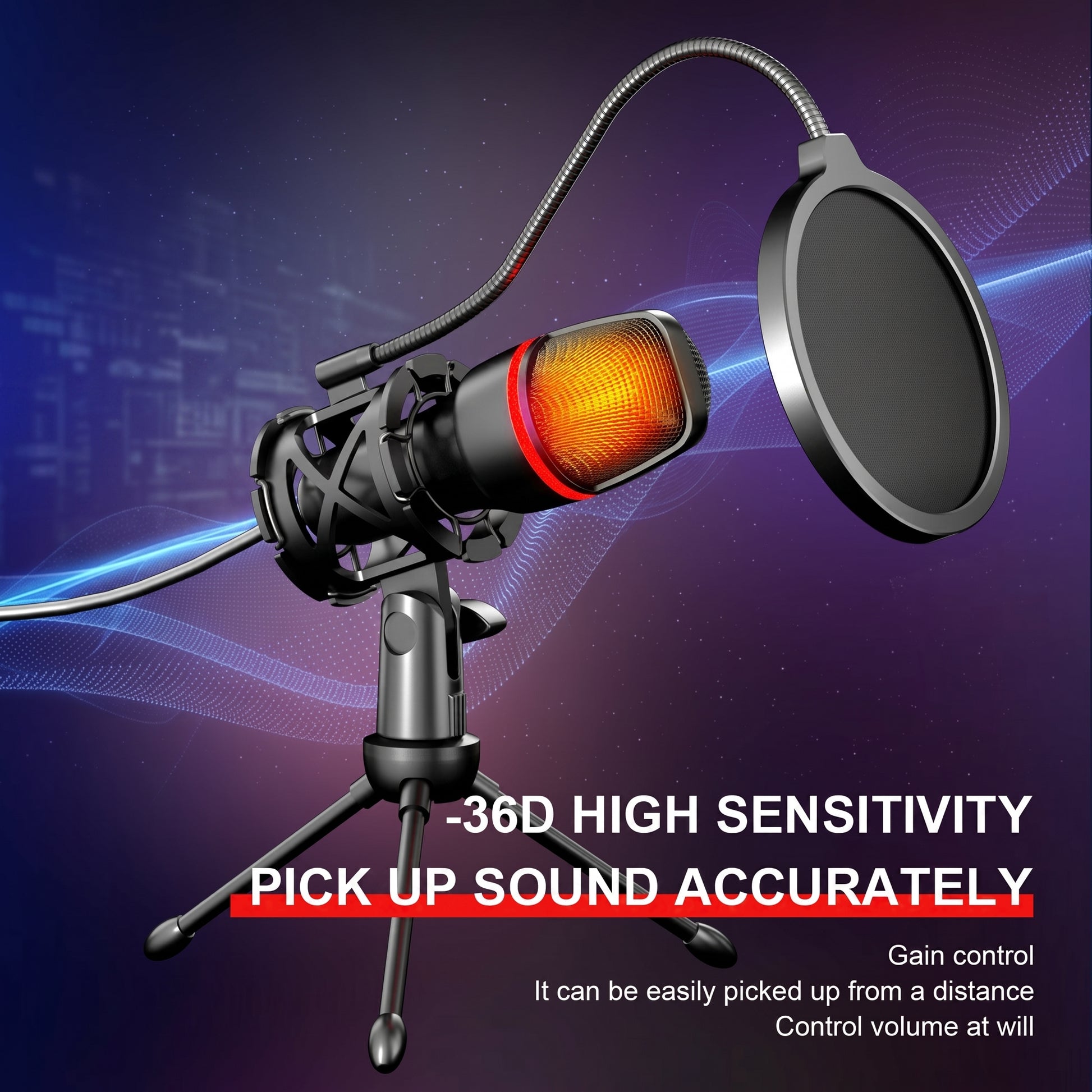 A black USB condenser microphone with an orange light on a desktop tripod stand and pop filter. Text: -36D HIGH SENSITIVITY PICK UP SOUND ACCURATELY, with gain control.