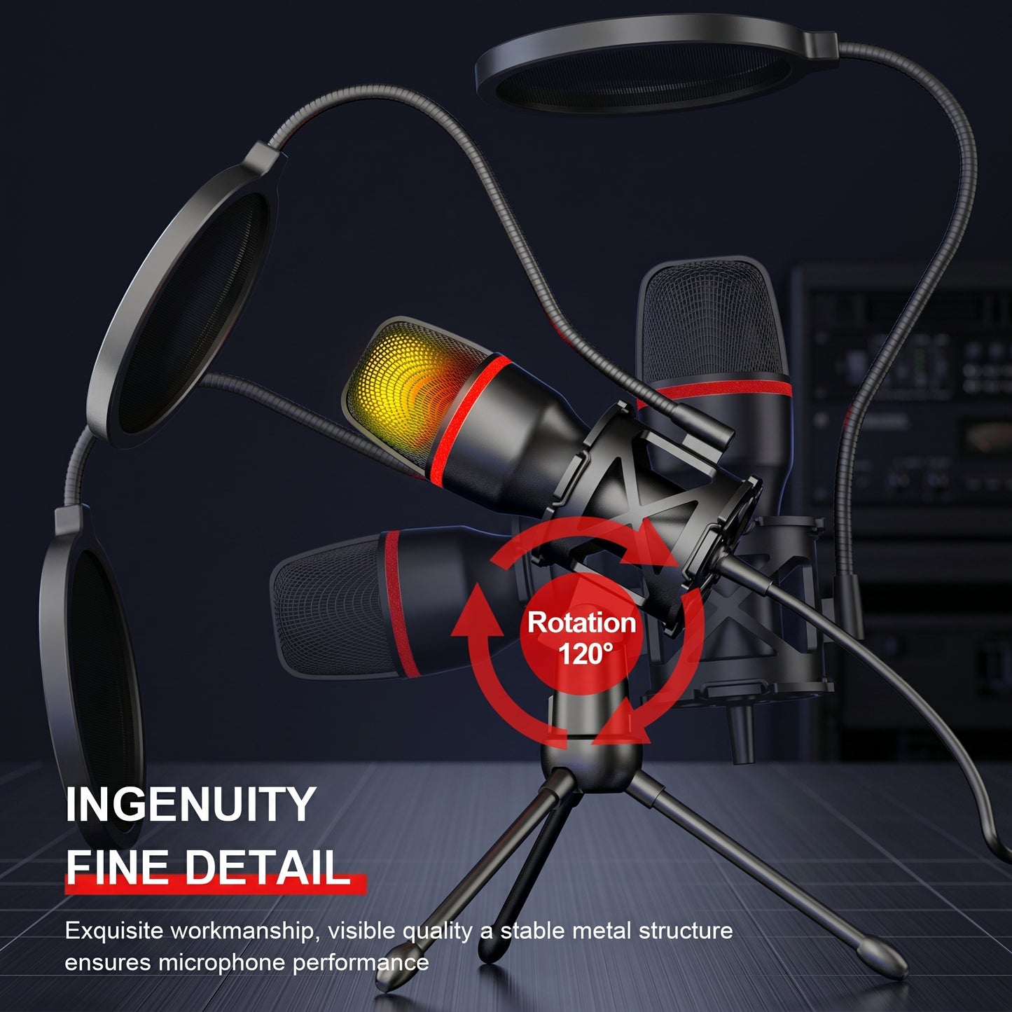 A black USB condenser microphone on a desktop stand with two pop filters, shown rotating 120 degrees with a glowing RGB light. Text: INGENUITY FINE DETAIL, Rotation 120°.