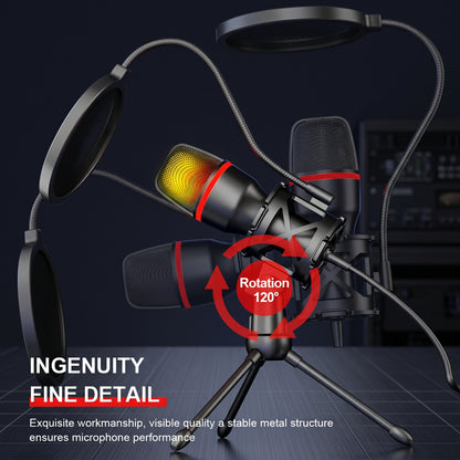 A black USB condenser microphone on a desktop stand with two pop filters, shown rotating 120 degrees with a glowing RGB light. Text: INGENUITY FINE DETAIL, Rotation 120°.