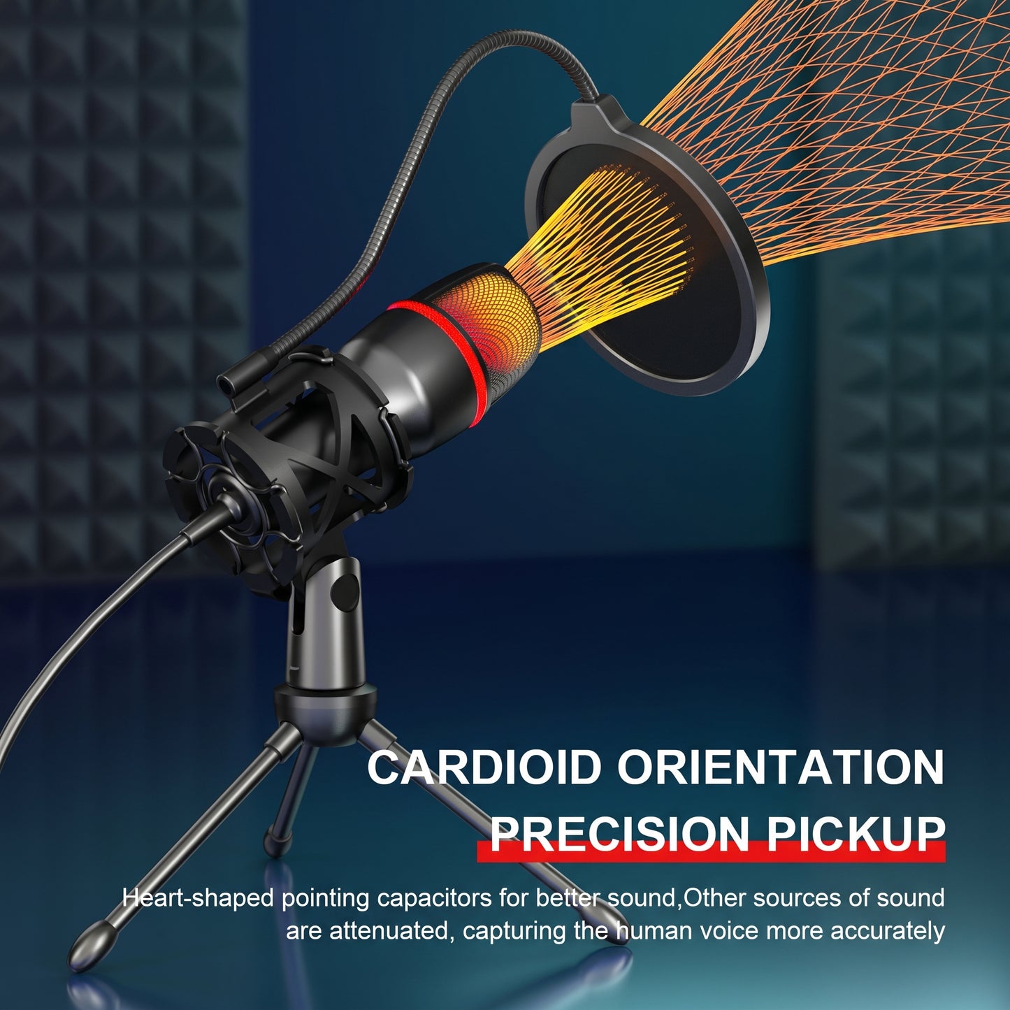 A black USB condenser microphone with a red RGB light ring and pop filter is shown on a desktop stand, with orange lines illustrating its cardioid orientation. CARDIOID ORIENTATION PRECISION PICKUP. Heart-shaped pointing capacitors for better sound, Other sources of sound are attenuated, capturing the human voice more accurately.
