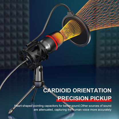 A black USB condenser microphone with a red RGB light ring and pop filter is shown on a desktop stand, with orange lines illustrating its cardioid orientation. CARDIOID ORIENTATION PRECISION PICKUP. Heart-shaped pointing capacitors for better sound, Other sources of sound are attenuated, capturing the human voice more accurately.