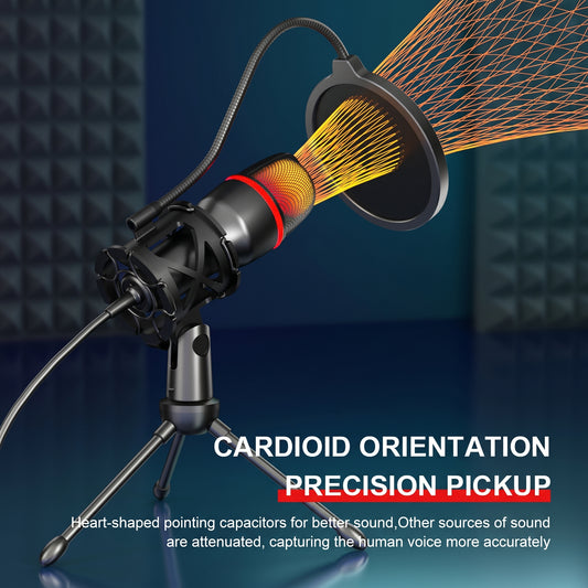 A black USB condenser microphone with a red RGB light ring and pop filter is shown on a desktop stand, with orange lines illustrating its cardioid orientation. CARDIOID ORIENTATION PRECISION PICKUP. Heart-shaped pointing capacitors for better sound, Other sources of sound are attenuated, capturing the human voice more accurately.