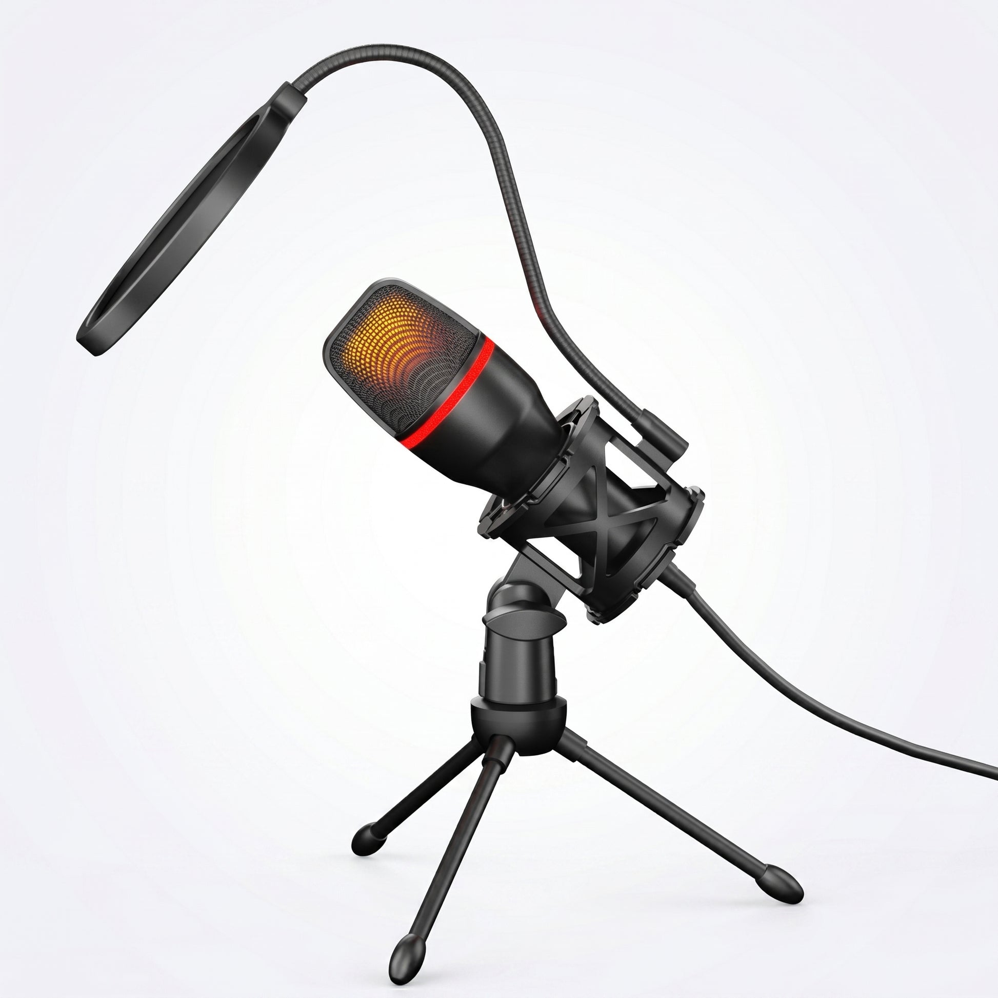 A black USB condenser microphone with glowing orange RGB lights and a red band, mounted on a desktop tripod stand with a flexible pop filter.