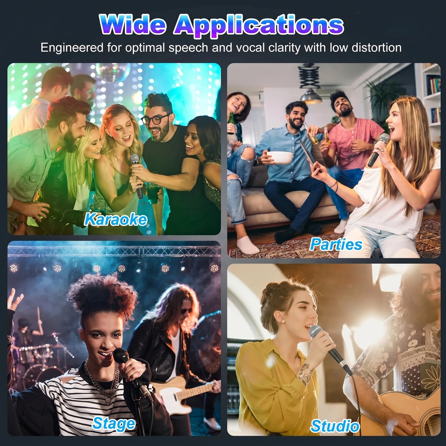 A collage of four images titled "Wide Applications" showing a microphone used for Karaoke, Parties, Stage, and Studio. It's "Engineered for optimal speech and vocal clarity with low distortion.