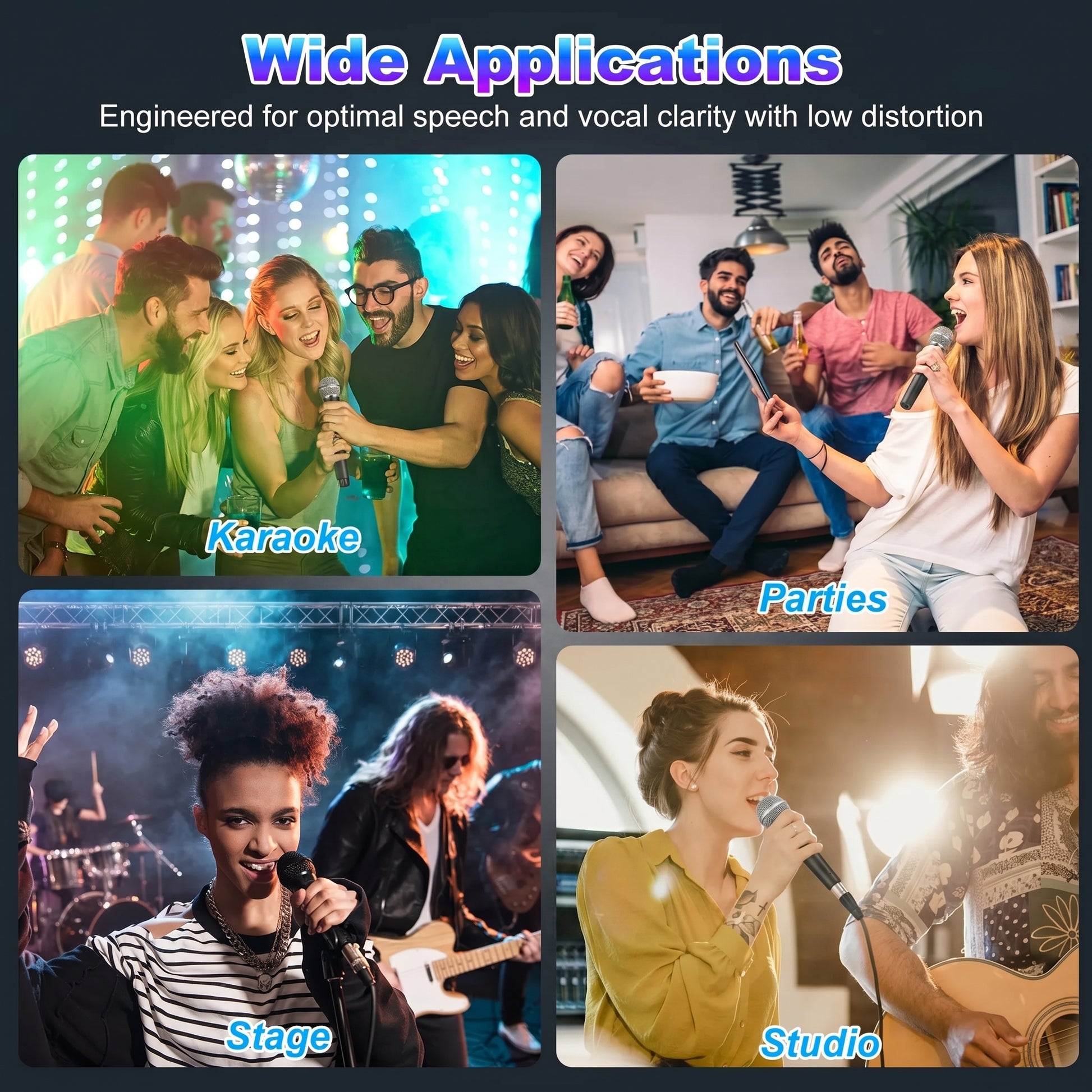 A collage of four images titled "Wide Applications" showing a microphone used for Karaoke, Parties, Stage, and Studio. It's "Engineered for optimal speech and vocal clarity with low distortion.