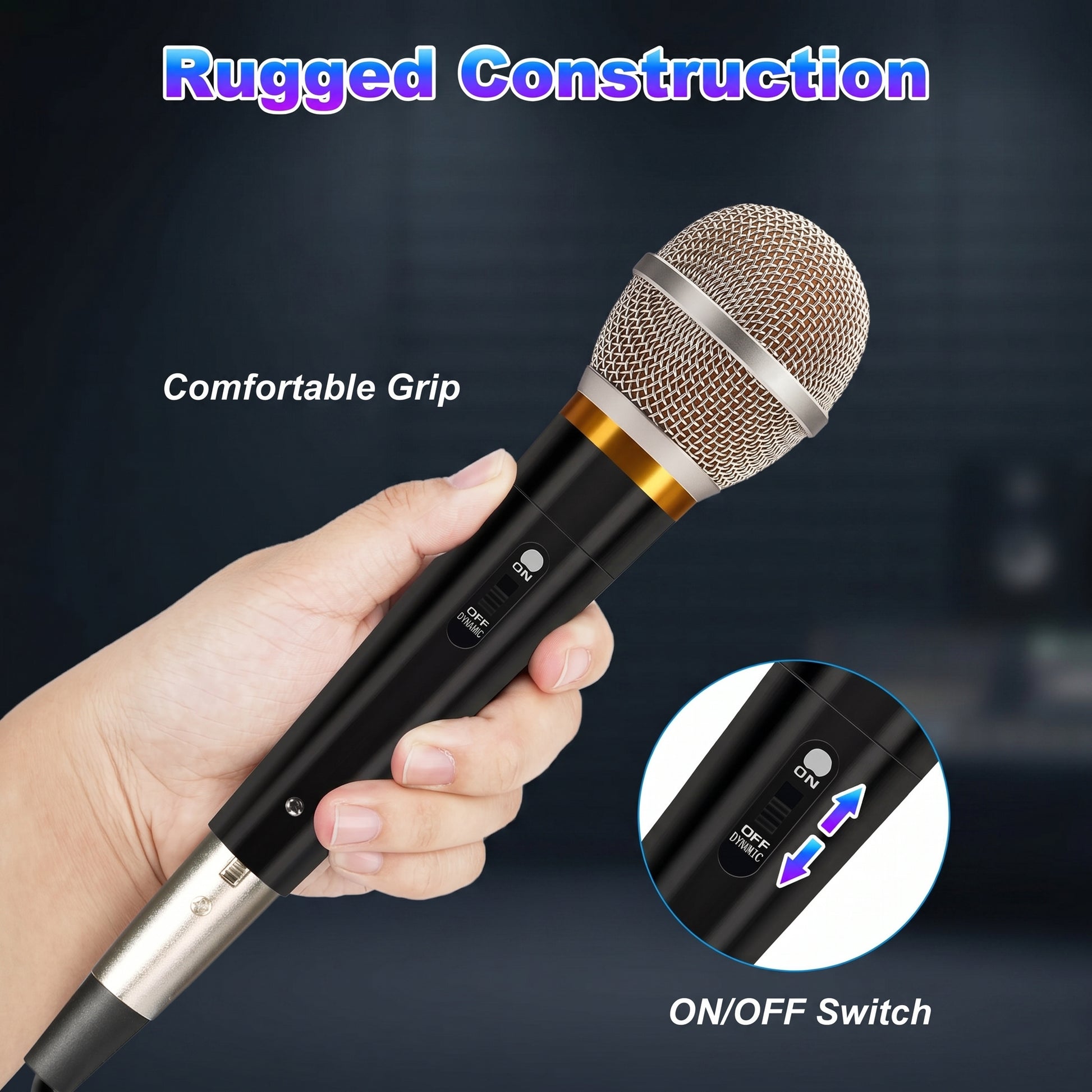 A hand holds a black wired microphone. Text overlays state "Rugged Construction" and "Comfortable Grip", while a zoomed inset shows the "ON/OFF Switch" labeled "ON", "OFF", "DYNAMIC".