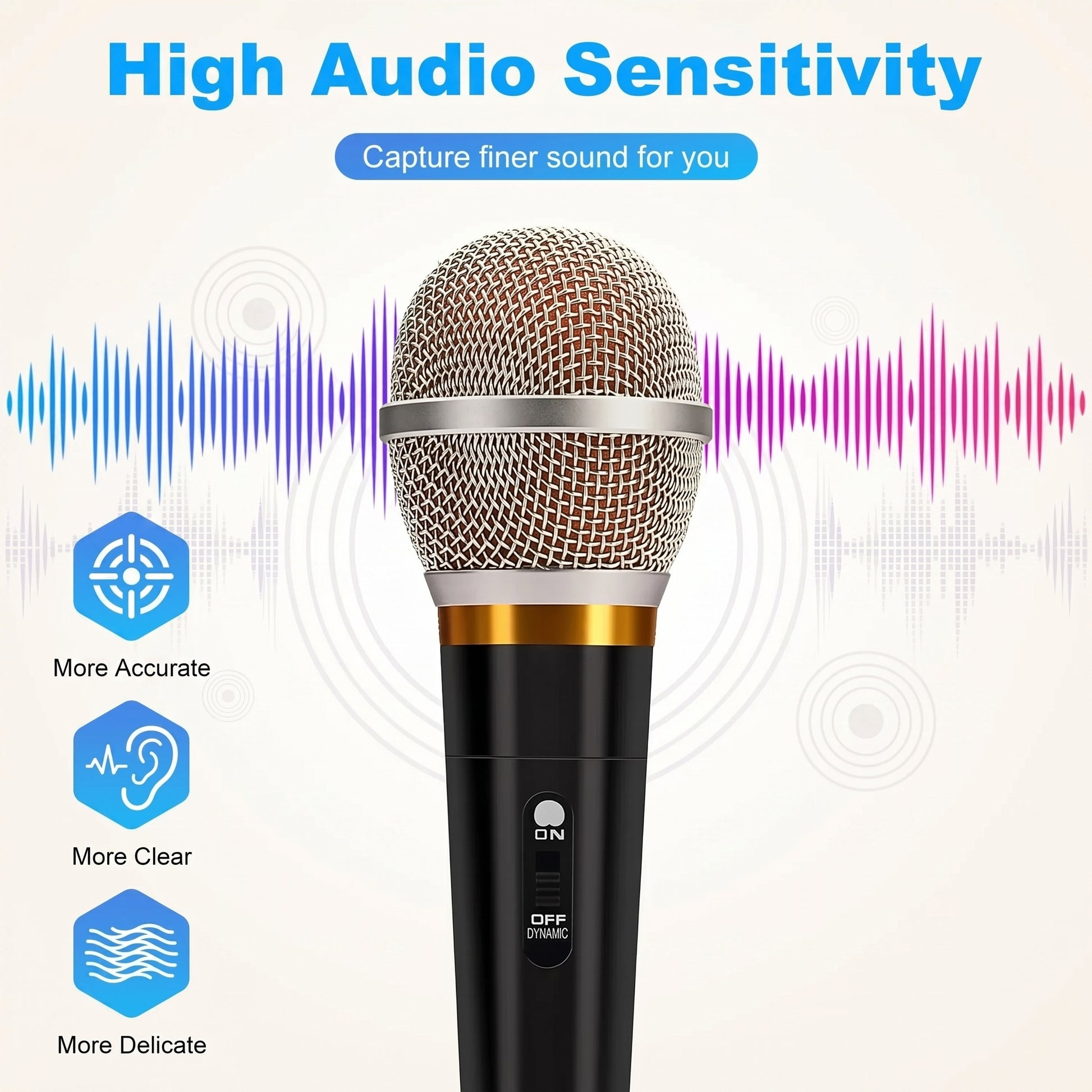 A black and gold wired microphone is centered against a backdrop of colorful sound waves, emphasizing "High Audio Sensitivity" and "Capture finer sound for you." Text: More Accurate, More Clear, More Delicate, ON, OFF DYNAMIC.