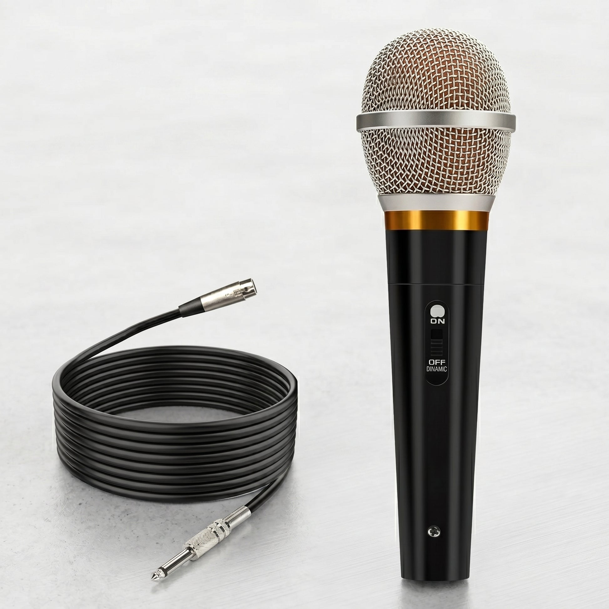 A black Zainzio wired dynamic microphone, featuring an "ON OFF DYNAMIC" switch, is shown next to its coiled black XLR cable.