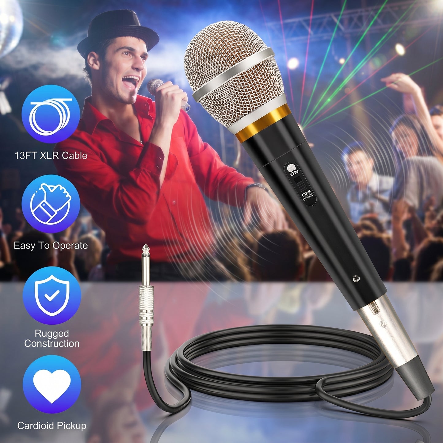 A black and gold microphone with a coiled cable is displayed against a backdrop of a singer and audience. Feature highlights include: 13FT XLR Cable, Easy To Operate, Rugged Construction, Cardioid Pickup.