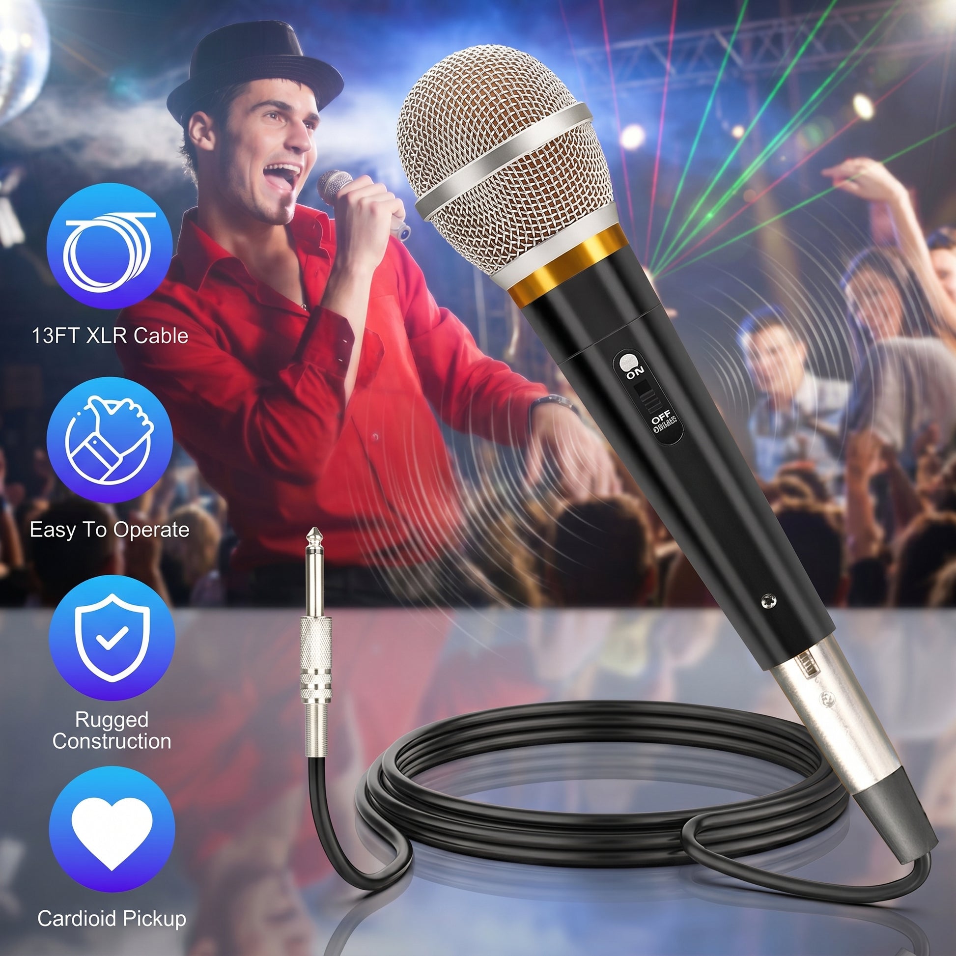 A black and gold microphone with a coiled cable is displayed against a backdrop of a singer and audience. Feature highlights include: 13FT XLR Cable, Easy To Operate, Rugged Construction, Cardioid Pickup.
