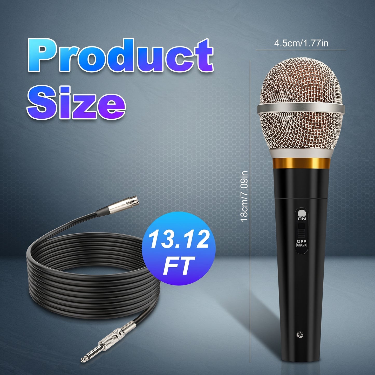 A product image detailing a microphone's size (4.5cm/1.77in by 18cm/7.09in) and its accompanying 13.12 FT cable. Text on image: Product Size.