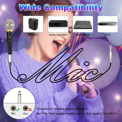 Graphic showing a wired microphone's "Wide Compatibility" with "Speaker, Audio Amplifier, Audio Mixer, DVD". It connects to "Mic" (1/4 inch jack) but not "Aux" inputs (3.5mm/RCA).