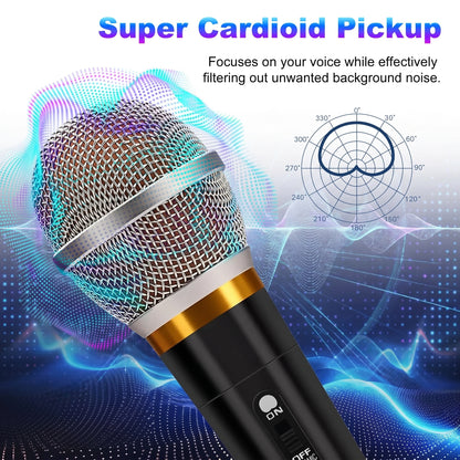 A black and silver microphone is shown against a wavy, colorful background, illustrating its "Super Cardioid Pickup." Text reads: "Focuses on your voice while effectively filtering out unwanted background noise.