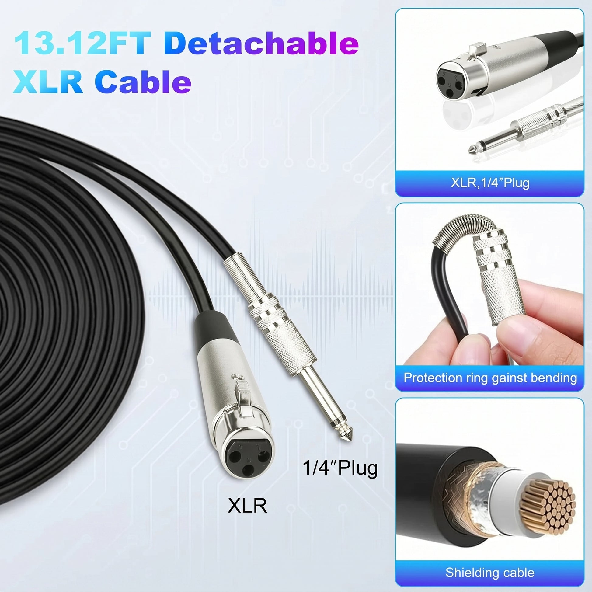 An XLR cable with various features. 13.12FT Detachable XLR Cable. Details show XLR and 1/4" Plugs, protection ring against bending, and shielding cable.