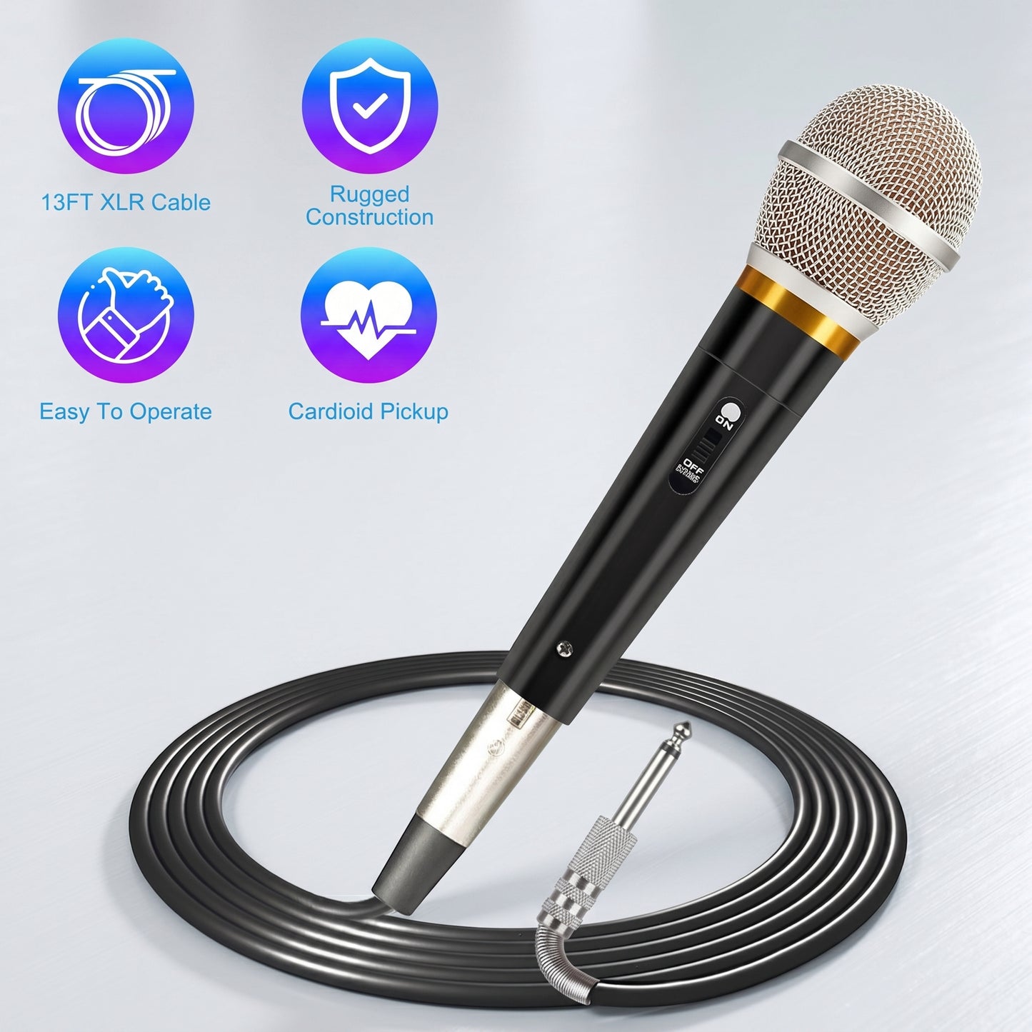 A black and silver wired microphone rests on its coiled 13FT XLR Cable. Icons highlight its Rugged Construction, Easy To Operate, and Cardioid Pickup features.