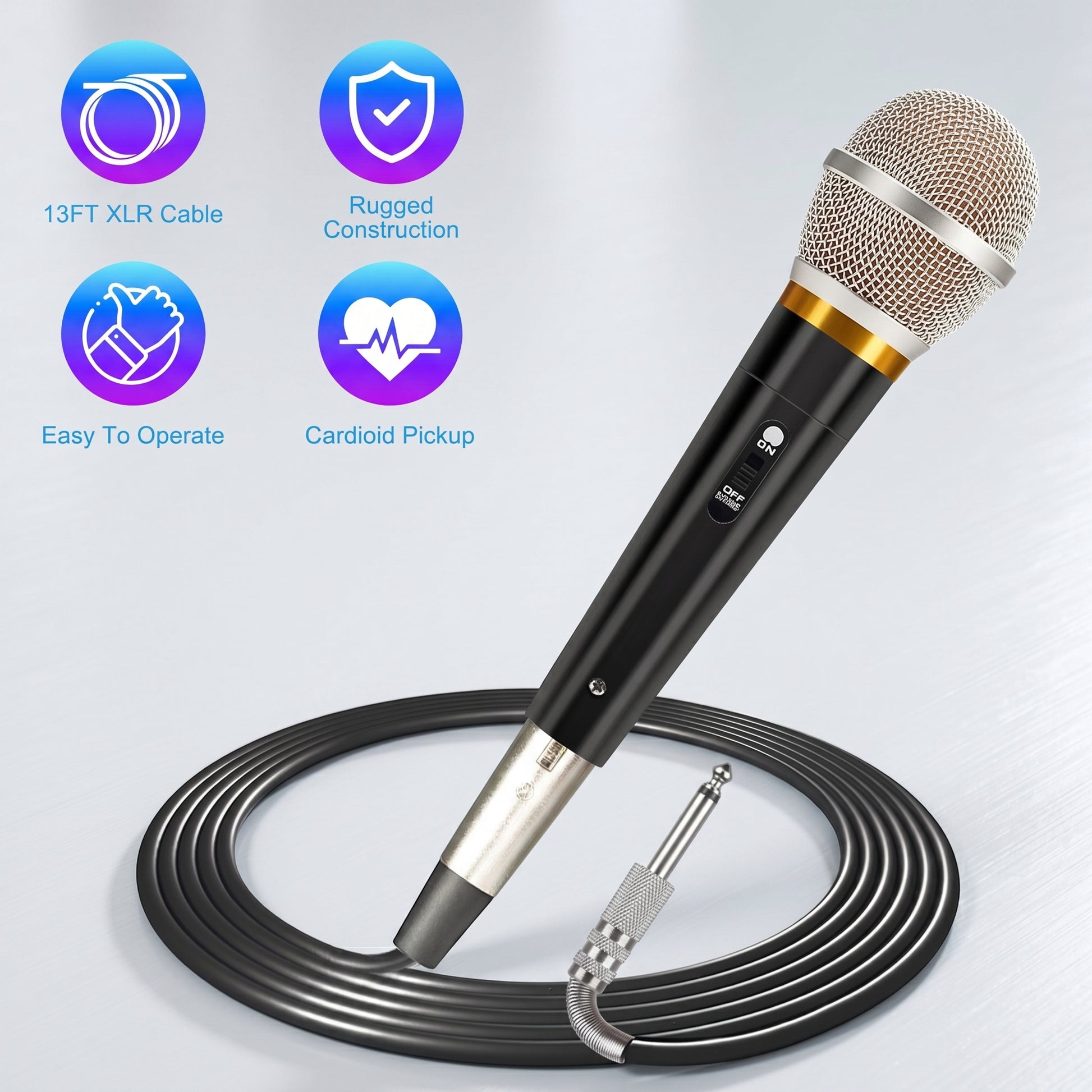 A black and silver wired microphone rests on its coiled 13FT XLR Cable. Icons highlight its Rugged Construction, Easy To Operate, and Cardioid Pickup features.