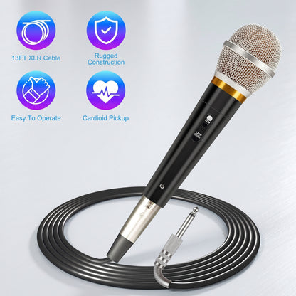 A black and silver wired microphone rests on its coiled 13FT XLR Cable. Icons highlight its Rugged Construction, Easy To Operate, and Cardioid Pickup features.