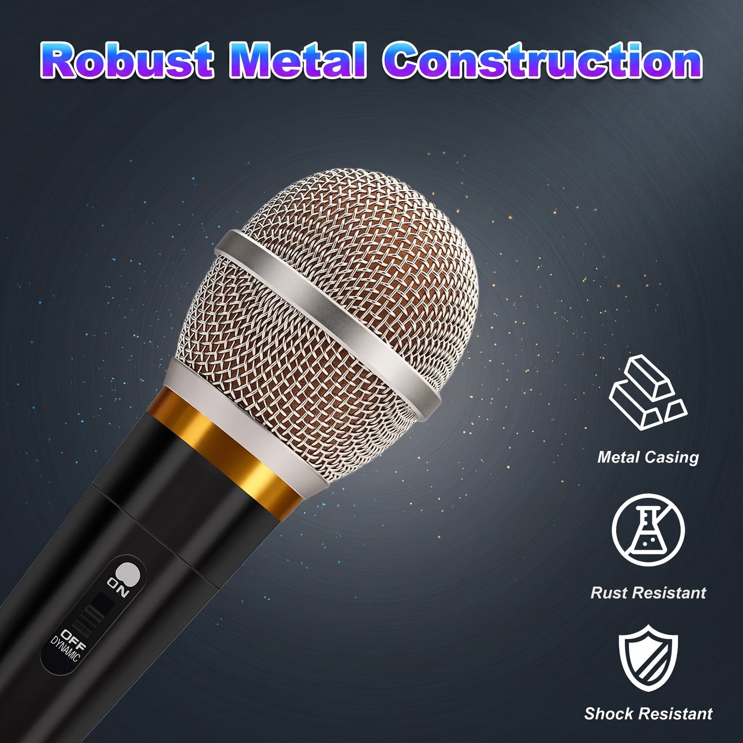 A Zainzio wired dynamic microphone featuring a silver grille, gold band, and black body. Text highlights: Robust Metal Construction, Metal Casing, Rust Resistant, Shock Resistant.
