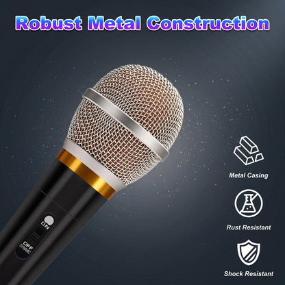 A Zainzio wired dynamic microphone featuring a silver grille, gold band, and black body. Text highlights: Robust Metal Construction, Metal Casing, Rust Resistant, Shock Resistant.