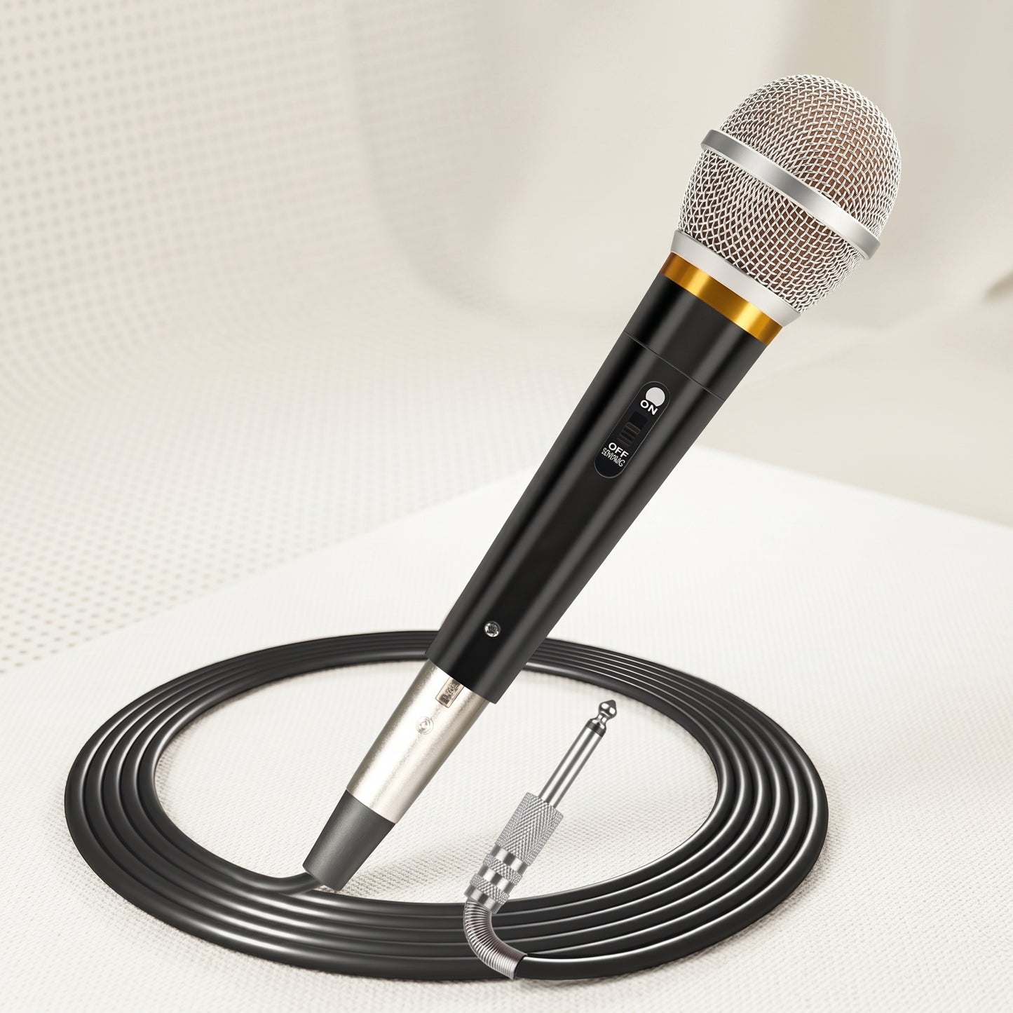 A black and silver wired microphone with a gold band and a coiled cable. It features an ON/OFF switch.