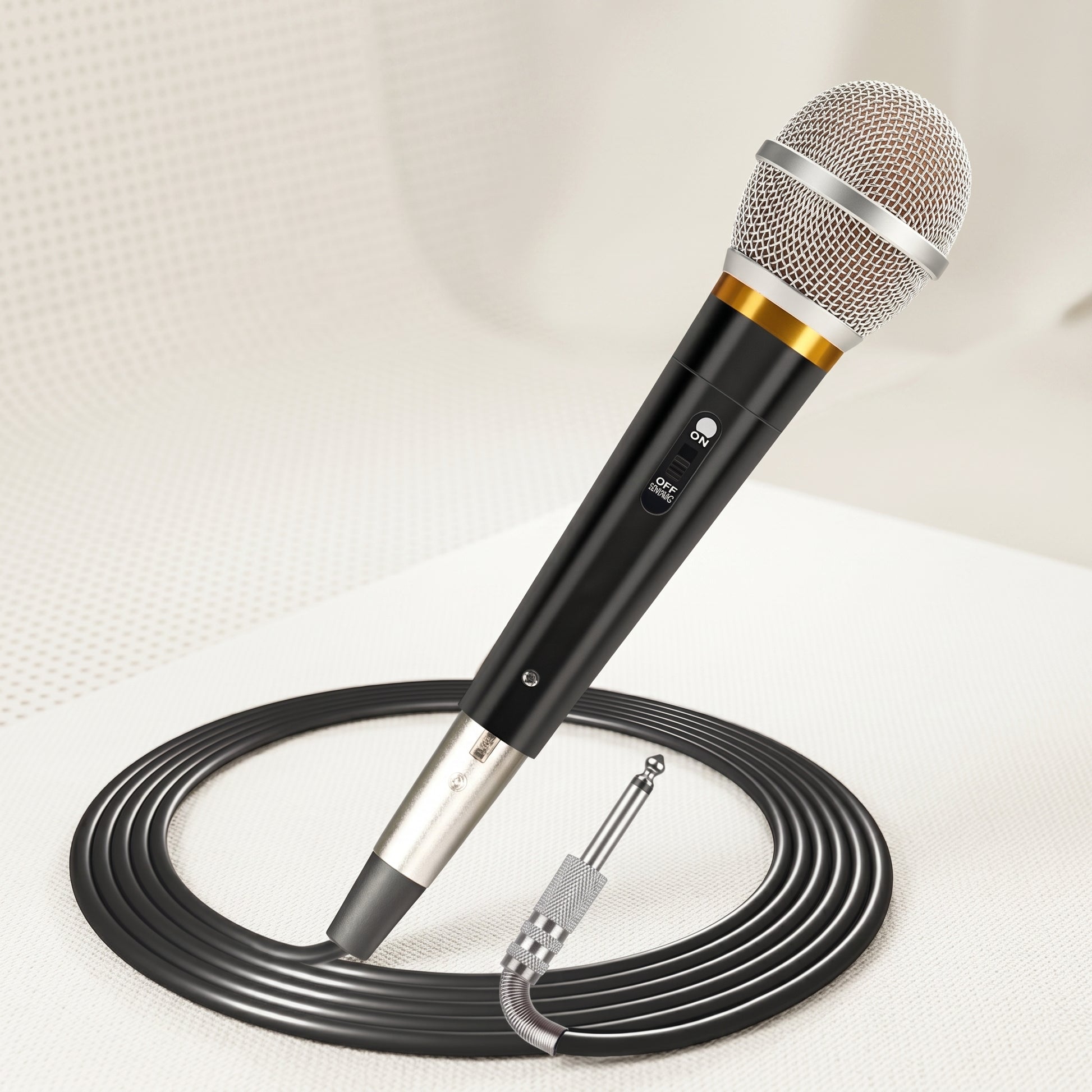 A black and silver wired microphone with a gold band and a coiled cable. It features an ON/OFF switch.
