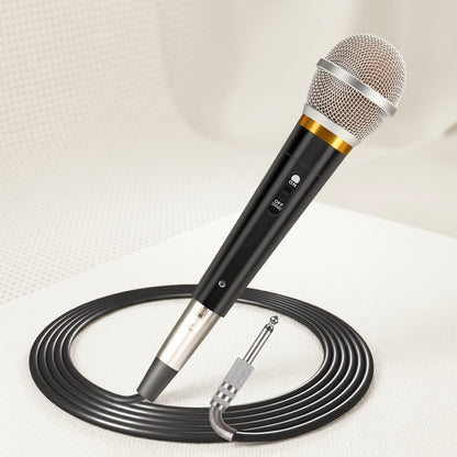 A black and silver wired microphone with a gold band and a coiled cable. It features an ON/OFF switch.